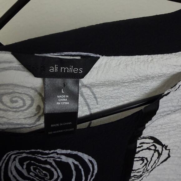 Ali Miles Tunic Top Large Womens Black Shirt Floral Scribble Art Contrast Button - Picture 6 of 8